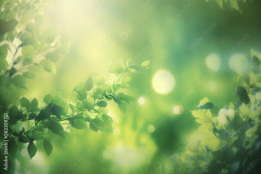 Natural springtime background of green branches with sunlight. Fresh leaves of spring background. 3D realistic illustration. Based on Generative AI Natural springtime background of green branches with sunlight. Fresh leaves of spring background. 3D realistic illustration. Based on Generative AI