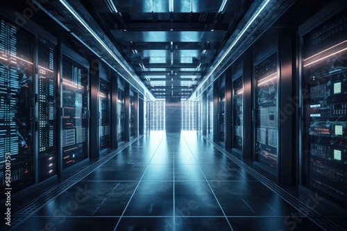 Modern Server Room Technology Big Data, Cybersecurity, and Power Efficiency Speedy Transfer Illustration. Generative AI