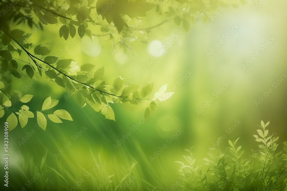 Natural springtime background of green branches with sunlight. Fresh leaves of spring background. 3D realistic illustration. Based on Generative AI Natural springtime background of green branches with sunlight. Fresh leaves of spring background. 3D realistic illustration. Based on Generative AI
