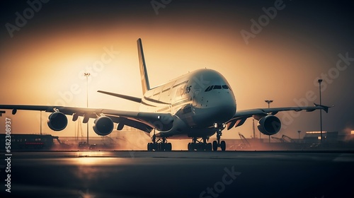 Airbus A380 airplane landing at sunset