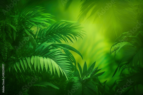 Tropical green fresh nature ecology in sunlight photosynthesis. Sunlight shining on tropical palm leaf. 3D realistic illustration. Based on Generative AI