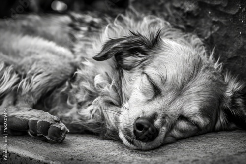 Black and white image of a little mongrel dog sleeping. Generative AI © AkuAku