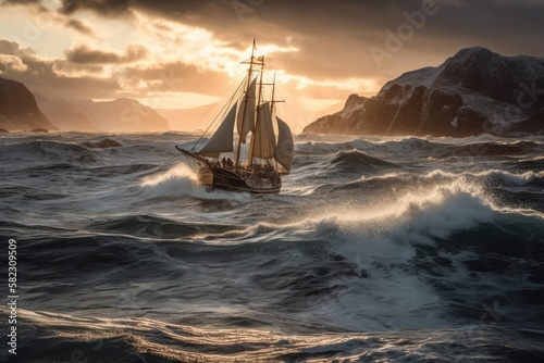 Arctic sailing At sunset, a cold blue sea. Norwegian clouds and waves. Generative AI