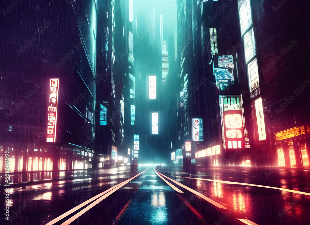 tall buildings along a wet road in a futuristic modern city at night with illuminated skyscrapers and glowing neon lights and signs. generative ai