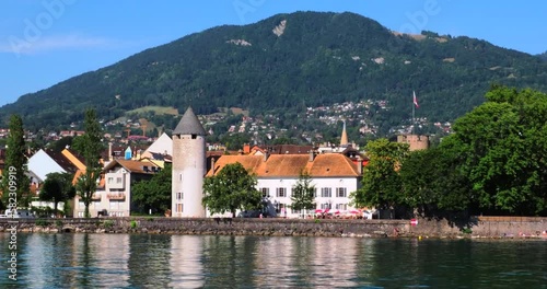 Vevey, Switzerland - July 14, 2022: View from a tourist boat on Lake Geneva passing Vevey near Lausanne