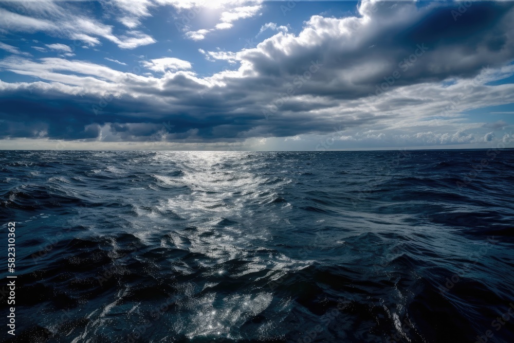 cloudy skies above it and a blue ocean. Generative AI cloudy skies above it and a blue ocean. Generative AI