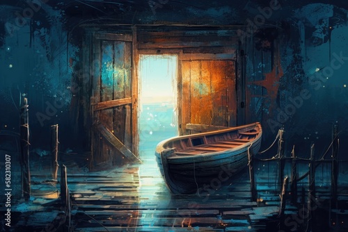 Imaginary landscape with a boat abandoned on the coast close to a mysterious door  painted in digital style. Generative AI