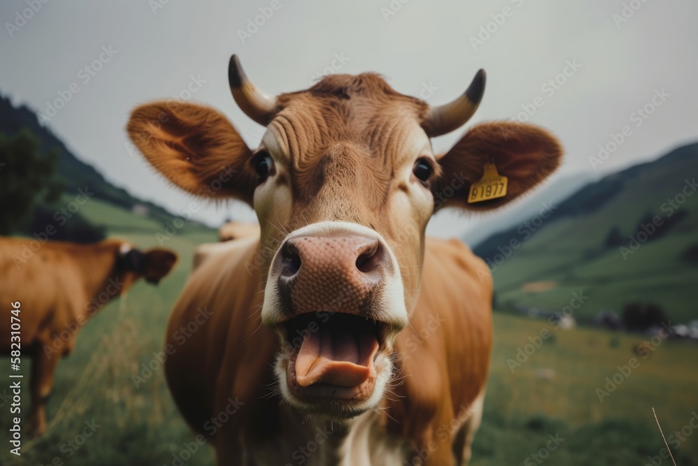 happy crazy brown cow in the field of the alps with tongue sticking out - generative ai