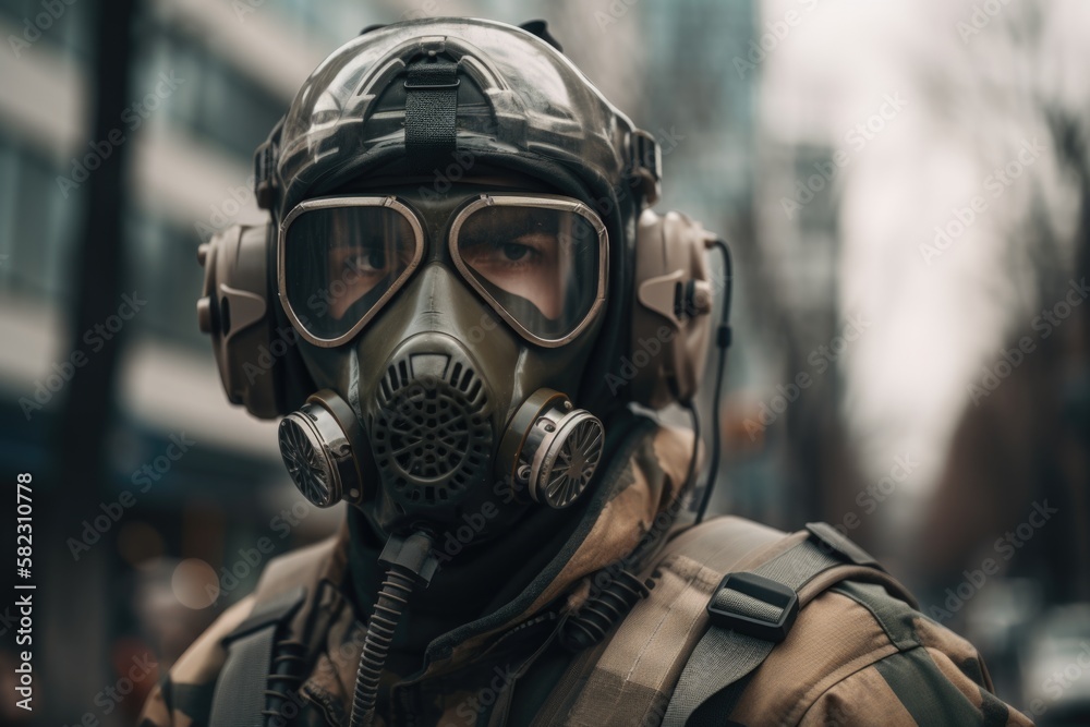 soldier with gas mask in city - generative ai soldier with gas mask in city - generative ai