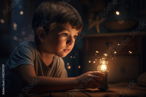 boy with imaginary candle in fantasy world - imagination - generative ai