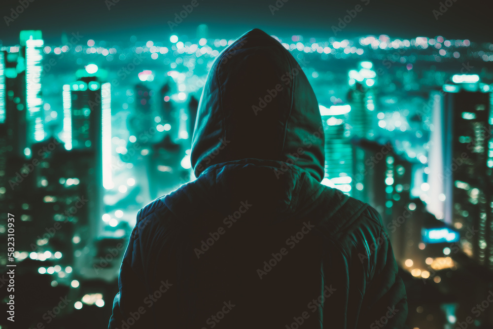 A skilled hacker overlooks the city, poised to take control from his room, infiltrating networks and breaching digital security with expert precision. Generative AI A skilled hacker overlooks the city, poised to take control from his room, infiltrating networks and breaching digital security with expert precision. Generative AI