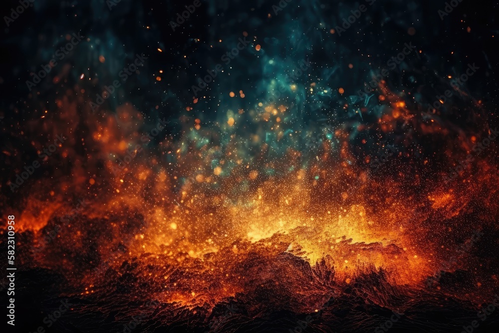Fire specks moving upward. abstract background or texture overlays with black glitter and fire particles. Generative AI