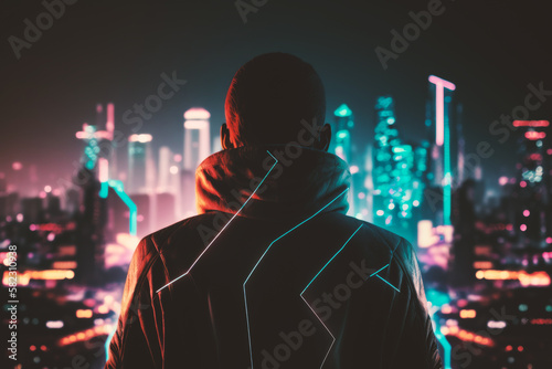 A skilled hacker overlooks the city, poised to take control from his room, infiltrating networks and breaching digital security with expert precision. Generative AI