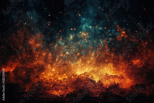 Fire specks moving upward. abstract background or texture overlays with black glitter and fire particles. Generative AI