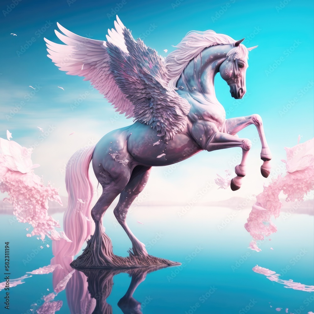 Fototapeta premium pink Pegasus on the blue lake