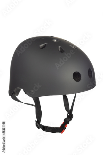 A studio shot of a black helmet for byciclist isolated on white background. Bicycle helmet with a strap for fixing on the head.