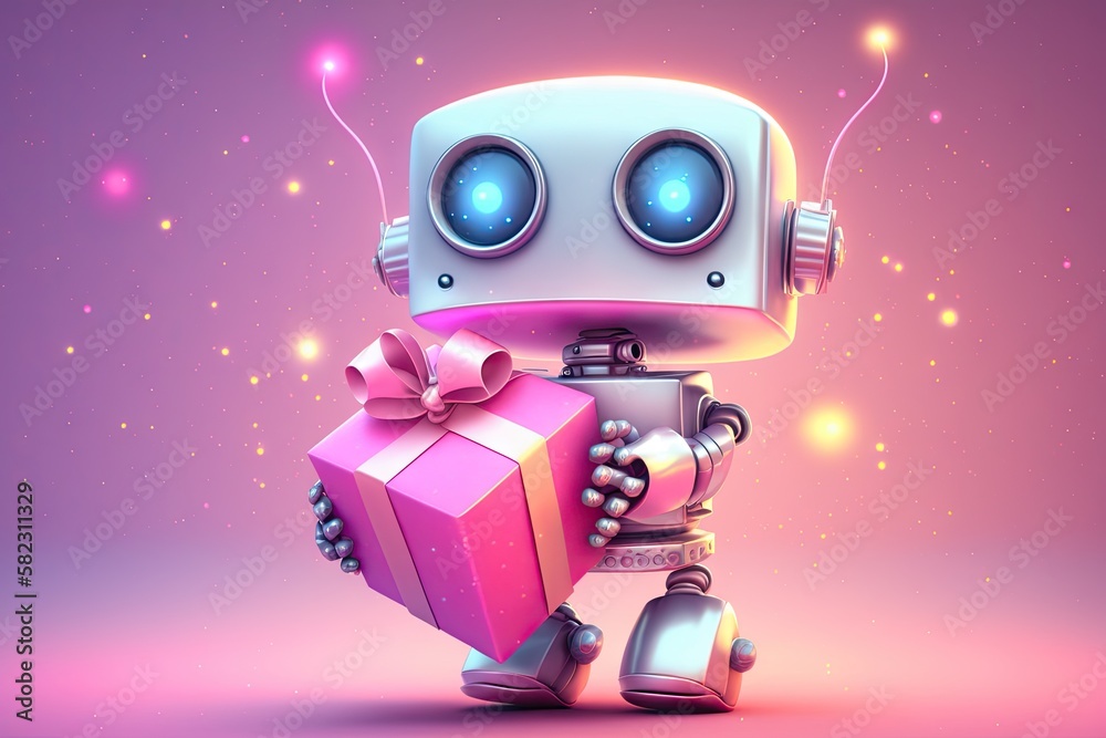 happy pink robot with a gift box happy pink robot with a gift box
