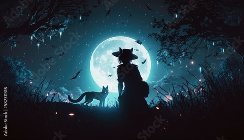 witch with black cat on the full moon background