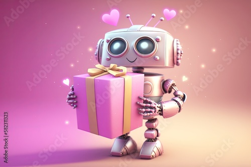 happy pink robot with a gift box © natalikp