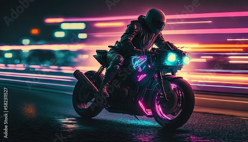 motorcyclist driving in the night city photo