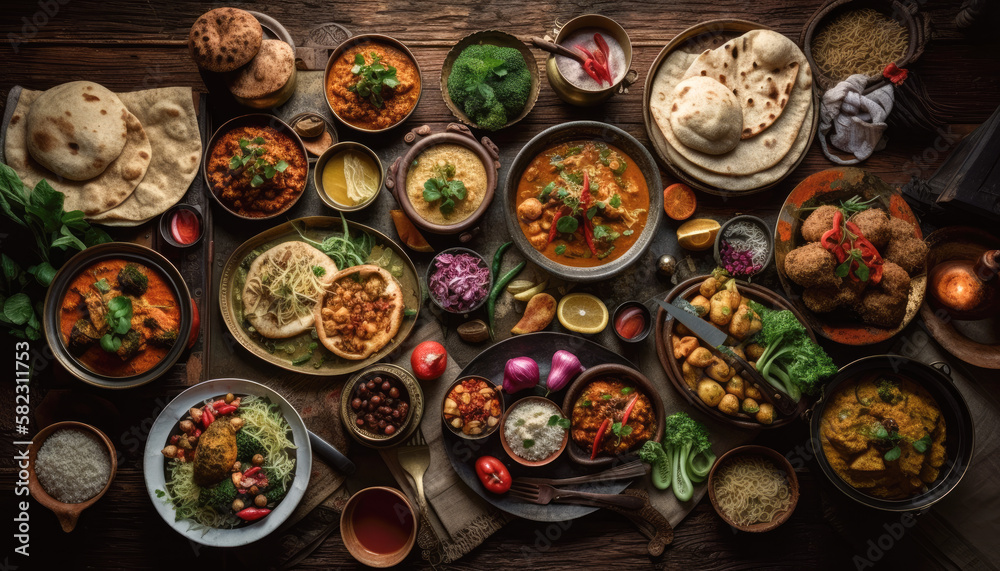 Indian Food  on a Wooden Table-Viewed From Above-Generative AI