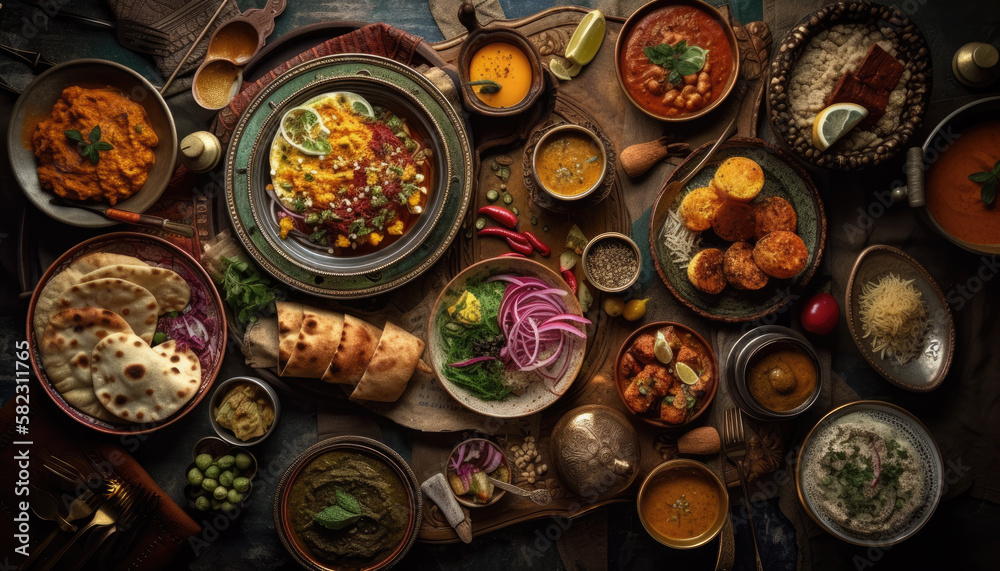 Indian Food  on a Wooden Table-Viewed From Above-Generative AI