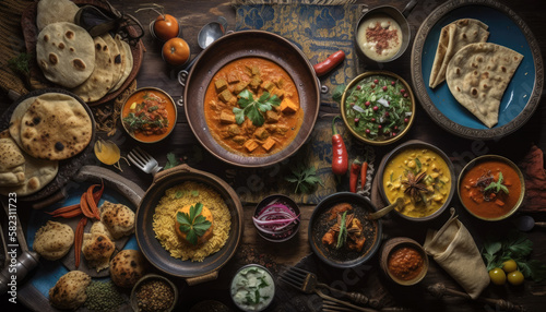 Indian Food  on a Wooden Table-Viewed From Above-Generative AI © simon