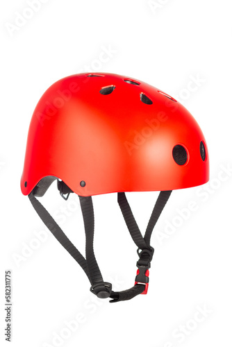 A studio shot of a red helmet for byciclist isolated on white background. Bicycle helmet with a strap for fixing on the head. photo