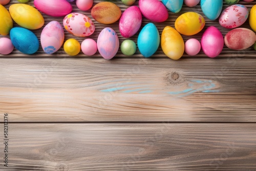 Pink wood with a double border of colorful Easter eggs. Generative AI