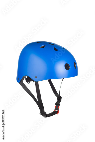 A studio shot of a blue helmet for byciclist isolated on white background. Bicycle helmet with a strap for fixing on the head.