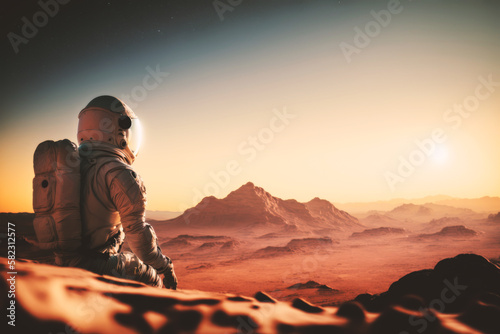 A civilian cosmonaut marvels at the breathtaking Martian landscape, embracing the awe-inspiring experience of space travel and cosmic adventure. Generative AI
