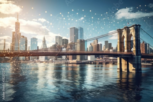 Brooklyn and Manhattan bridges, daytime East River view of the financial district of New York City. Holographic artificial intelligence concept. Robotics, artificial intelligence, machine learning