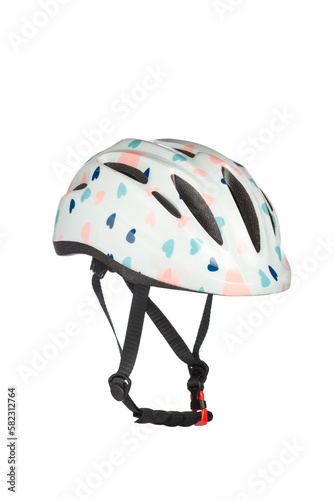 A studio shot of a white helmet for byciclist isolated on white background. Bicycle helmet with a strap for fixing on the head. photo