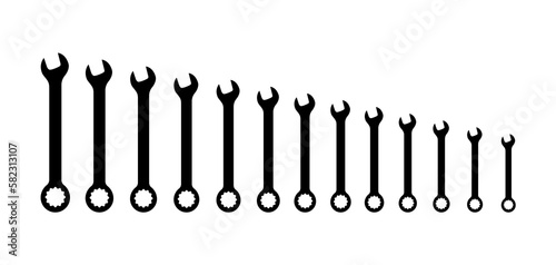 Spanner wrench icon set. Vector hand wrench spanner mechanical repair workshop key symbol tool service.