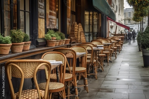 Vacant café and restaurant terrace with French style tables and chairs. Freshly made bread and pastries are shown in the bakery. Interior design for a street bistro. outside café decoration bakery