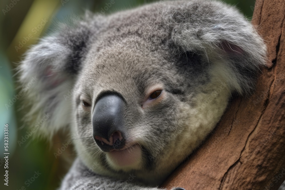 Obraz premium Using its razor sharp claws to hold on to the tree trunk, a koala sleeps in a eucalyptus tree. After consuming eucalyptus leaves, a cute grey koala bear takes a nap in a tree. Generative AI