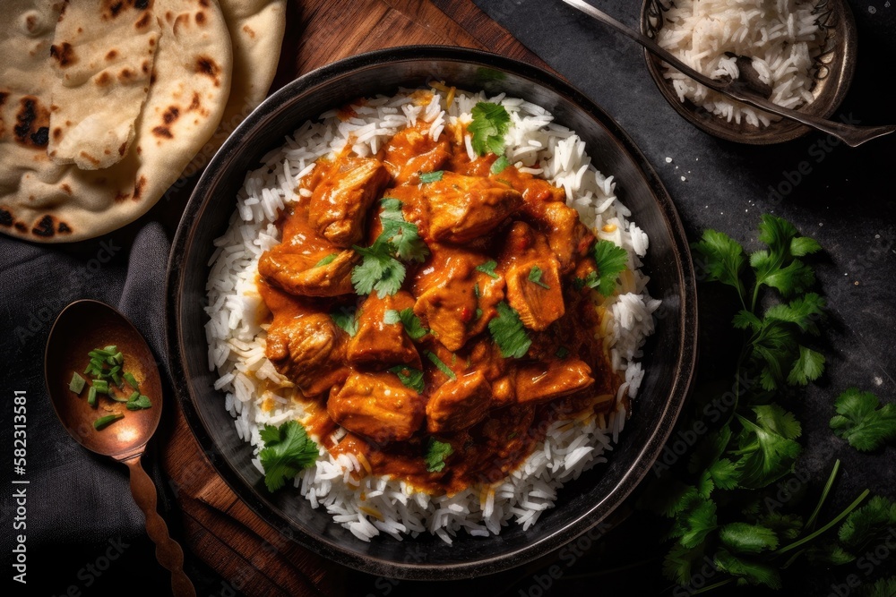 Fototapeta premium Masala chicken tikka naan bread and rice in a spicy curry with meat on a wooden platter on a black stone background. Generative AI