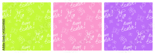 Happy Easter seamless pattern with greeting lettering, rabbit, butterfly, bee and flowers. Each pattern is isolated. Cute seamless print for Easter card, wrapping paper, background, etc. Vector set.