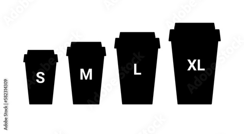 Coffee cup plastic size icon. Large small takeaway coffee cup vector line icon illustration sizes concept.
