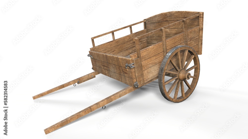 Old wooden cart isolated on white background 3d-rendering