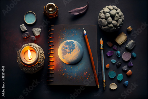 Manifest your dreams: moon, journal, candle, pen and stones on dark background. - Generative Ai