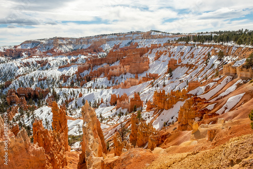 Panoramic photo of snow covered Bryce National Park, Hoodoo in winter