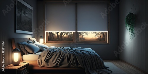 Bedroom with smart lighting and window shades automatically adjusting to time of day and weather conditions, concept of Automation, created with Generative AI technology photo