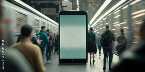 Large Phone Display Blank Screen, Subway Crowd Billboard Advertisement, Brand Sales Announcement Promotion, Business Visual Marketing Campaign, Modern Graphic Design Poster, Publicity Sign Wide Format