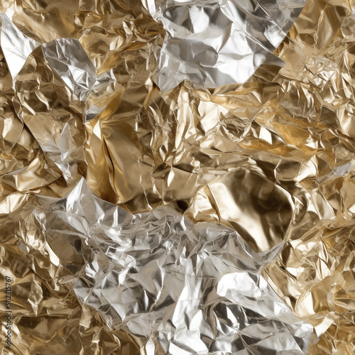 Seamless tillable crumbled foil silver and gold color paper background pattern. Shiny background design for any project for print or digital media.