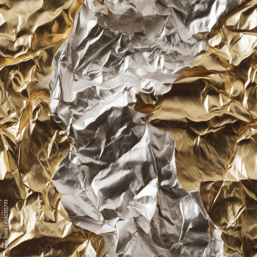 Seamless tillable crumbled foil silver and gold color paper background pattern. Shiny background design for any project for print or digital media.