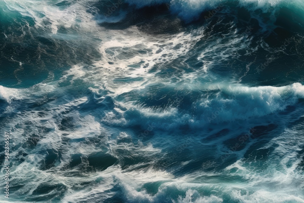 Pacific Ocean in the background, with waves splashing in a bright blue color and a foamy texture. abstract of sunlit ocean and ripped water waves. ocean's turbulence composition. unusual water structu