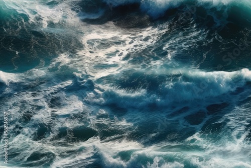 Pacific Ocean in the background  with waves splashing in a bright blue color and a foamy texture. abstract of sunlit ocean and ripped water waves. ocean s turbulence composition. unusual water structu