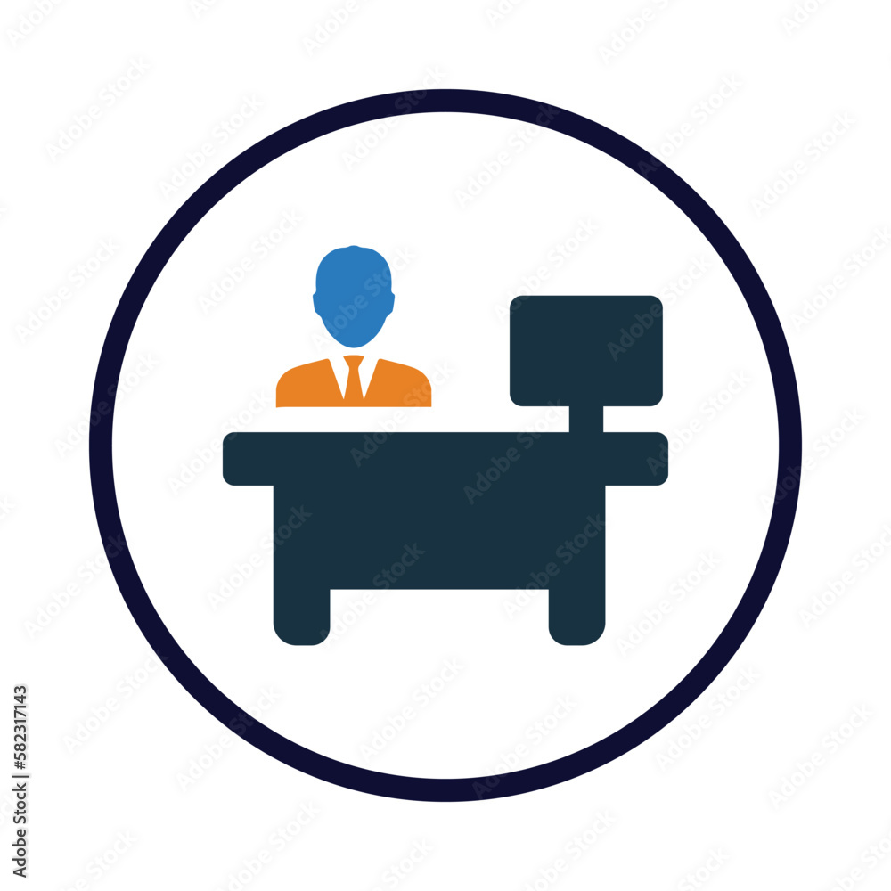 computer, monitor, table, man, receptionist icon