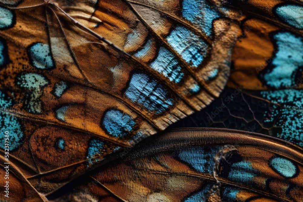 Butterfly wings background with blue and brown textures and details. Generative AI